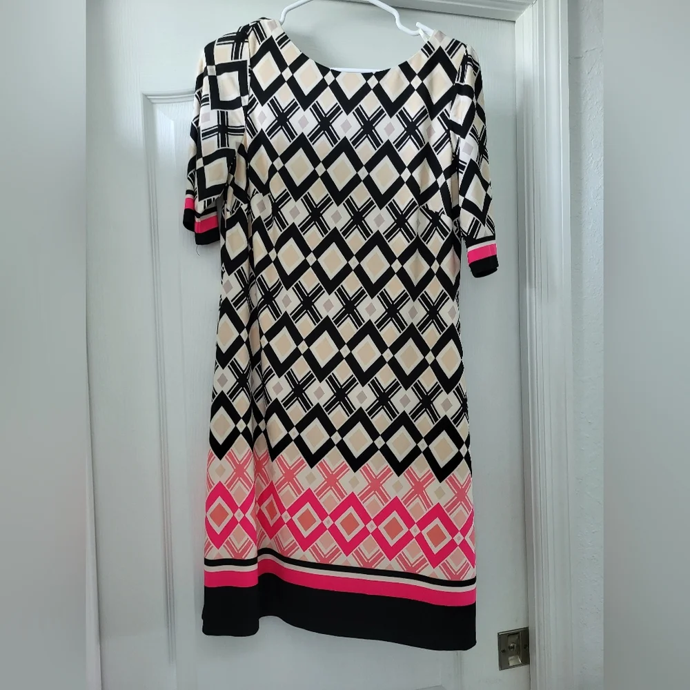 Eliza J Pink and Cream Sheath Midi Dress with 3/4 Sleeves- 8 EUC